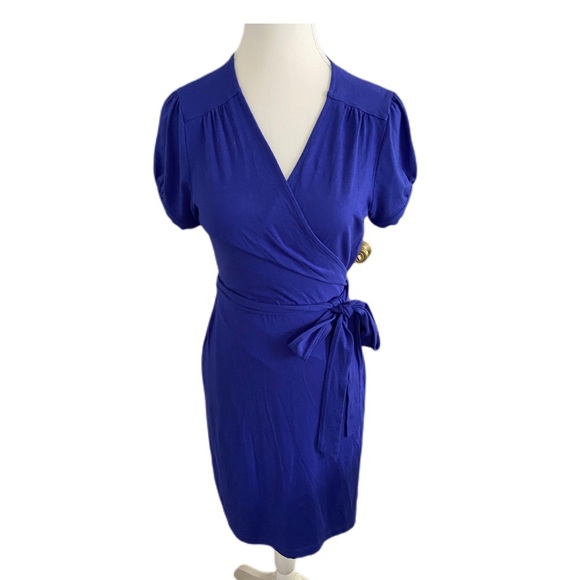 Lands' End Blue Wrap Midi Dress with Short Puff Sleeves V Neck Size Small - Picture 1 of 8